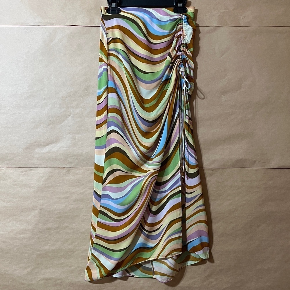 Song of Style | Palma Midi Skirt Nova Multi Swirl Ruched Side Slit Shell Size XS